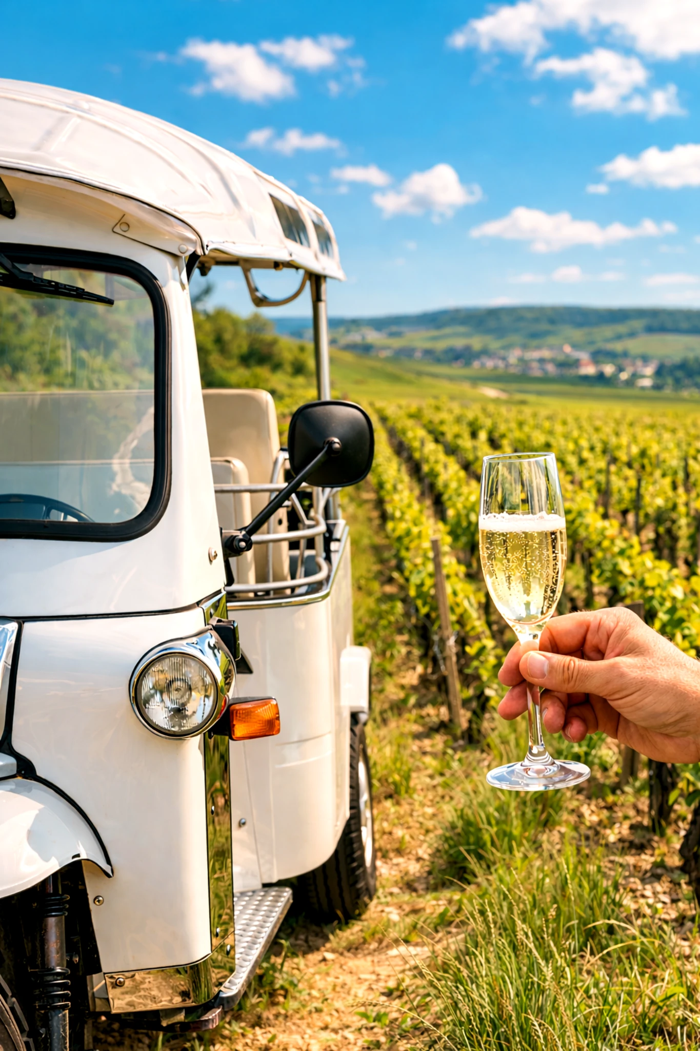 Coupe de champagne premium avec tuk-tuk et vignoble en arrière-plan