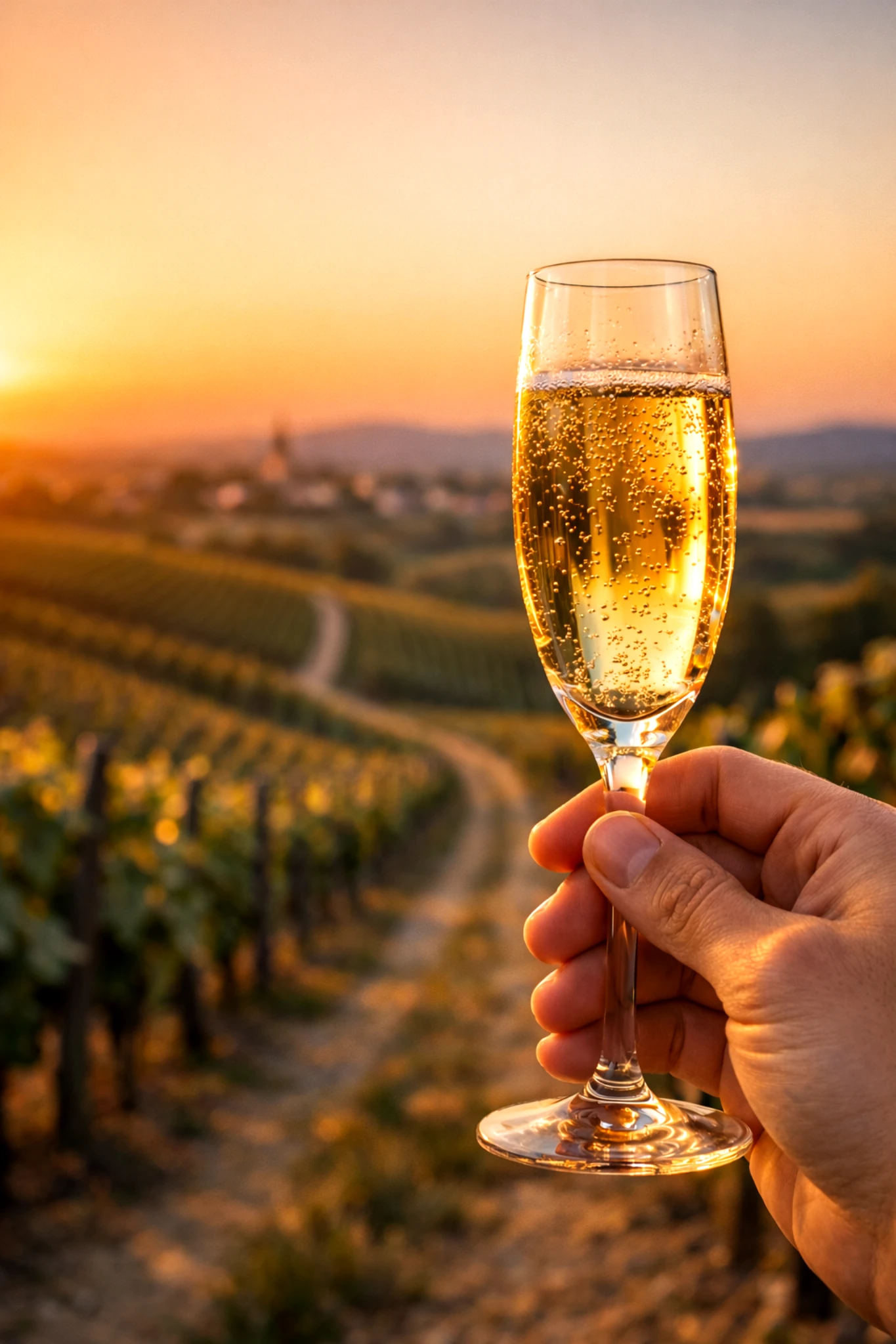 Flûte de champagne au coucher du soleil dans les vignobles de Champagne