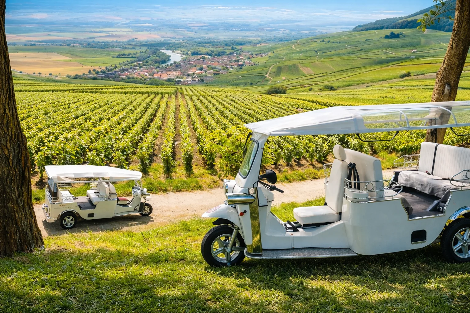 Tuk-tuk blanc devant le panorama des vignobles de Champagne
